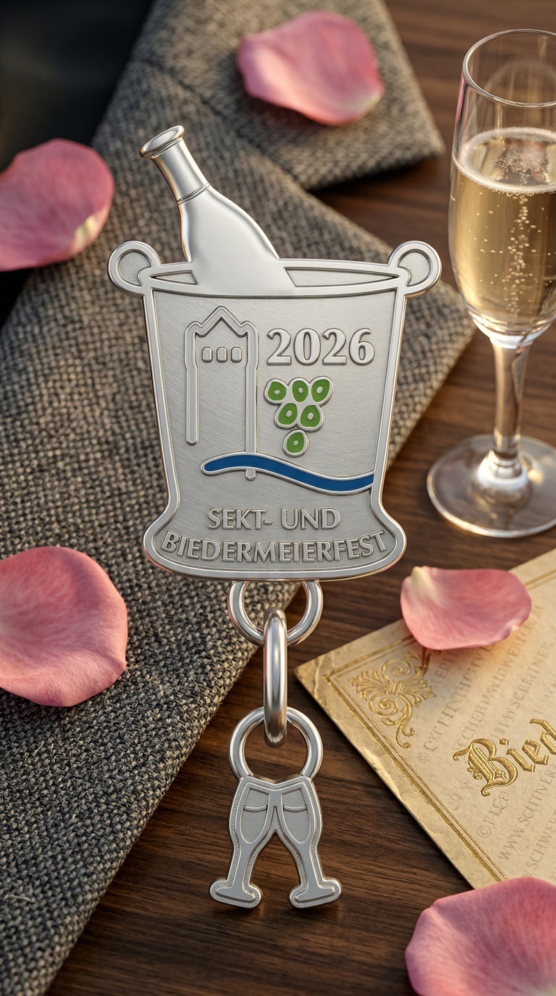 Sammler-Poín 2026 in silber mit Sektflasche und Sektgläsern als Anhänger
