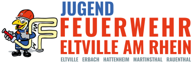 Logo Stadtjugendfeuerwehr mit "Hugo" einem Adler in Feuerwehroutfit mit Lösch-Schlauch