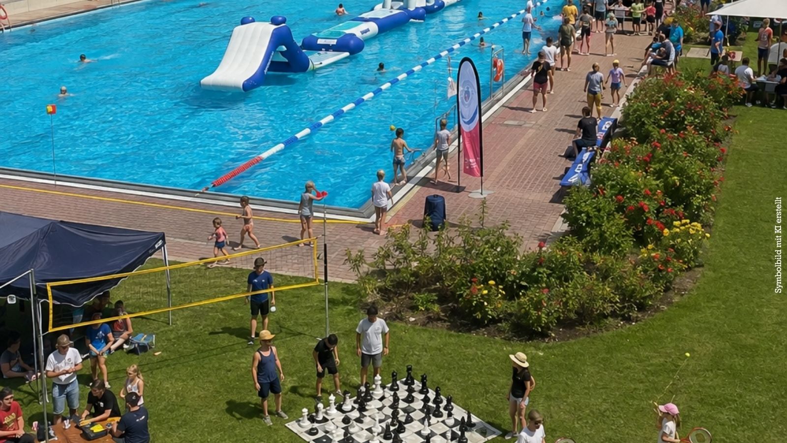 KI-generiertes Foto vom Freibadbecken und Sportständen wie einem großen Schachfeld auf dem Rasen