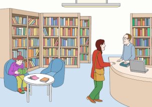 Grafik Bücherei von Innen, eine Frau lieht an der Theke ein Buch aus, im Hintergrund sieht man Bücher in Regalen und ein Junge liest