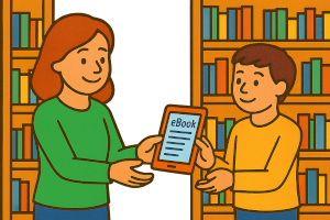 Grafik einer Frau, die einem jungen einen eBook-Reader übergibt, im Hintergrund sind Bücherreagle zu sehen