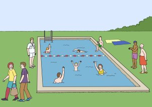 Grafik Freibadbecken mit Schwimmern und Menschen auf der Wiese