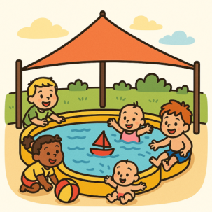 Grafik spielende Kinder in einem Babybecken mit Sonnensegel