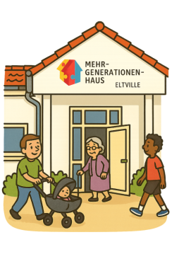 Grafik von einem Haus mit Aufschrift "Mehrgenerationenhaus" mit offener Tür, davor läuft ein Mann mit Babywagen, eine Seniorin und ein Sportler