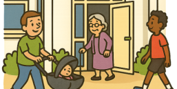 Grafik von einem Haus mit Aufschrift "Mehrgenerationenhaus" mit offener Tür, davor läuft ein Mann mit Babywagen, eine Seniorin und ein Sportler