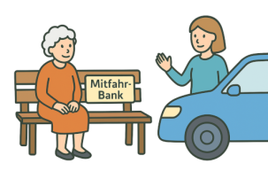 Grafik ältere Dame sitzt auf Mitfahr-Bank und jüngere Frau mit Auto winkt ihr, um sie mitzunehmen