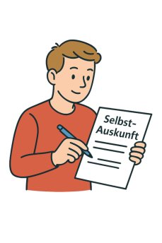 Grafik: Mensch hält Zettel mit Aufschrift "Selbst-Auskunft" und einen Stift in der Hand