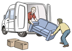 Grafik zwei Personen heben Sofa in Umzugswagen