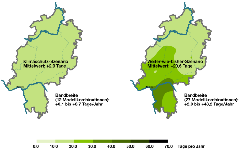 Landumrisse von Hessen: Grafik zeigt die Veränderungen durch den Klimawandel mit und ohne Änderungen des Verhaltens