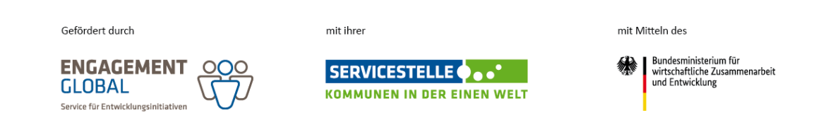 Abbinder Logos "Engagement Global", "Servicestelle Kommunen in der Einen Welt" und "Bundesministerium für wirtschaftliche Zusmamenarbeit".