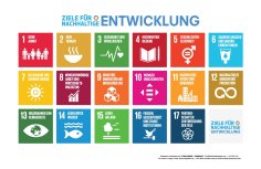 Übersicht aller 17 Nachhaltigkeitsziele. Die 17 Nachhaltigkeitsziele in bunten quadratischen Kacheln dargestellt.