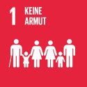 Rote Kachel mit Aufschrift "1 Keine Armut" und grafische Abbildung mehreren weißer Männchen, die verschiedene Altersgruppen darstellen sollen.