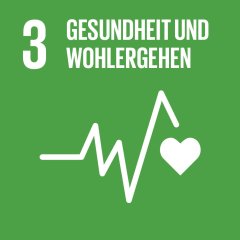 Grüne Kachel mit Aufschrift "3 Gesundheit und Wohlergehen" und grafischer Abbildung einer weißen Herzschlaglinie sowie eines kleinen Herzens.