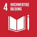 Rote Kachel mit Aufschrift "4 Hochwertige Bildung" und grafische Abbildung eines weißen aufgeklappten Buches mit Stift.