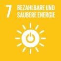 Gelbe Kachel mit Aufschrift "7 Bezahlbare und saubere Energien" und grafische Abbildung einer weißen Sonne mit "An-Aus-Symbol" in der Mitte.