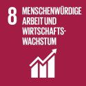 Rote Kachel mit Aufschrift "8 Menschenwürdige Arbeit und Wirtschaftswachstum" und grafische Abbildung eines weißen Balkendiagrammes mit Anstieg und Wachtstumspfeil.