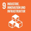 Orangene Kachel mit Aufschrift "9 Industrie, Innovation und Infastruktur" und grafische Abbildung dreier Würfel in 3D, die aufeinander gestapelt sind.