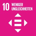 Pinke Kachel mit Aufschrift "10 Weniger Ungleichheiten" und grafische Abbildung von drei weißen Dreiecken, die die Ecken eines Quadrates bilden, in der Mitte ist ein =.