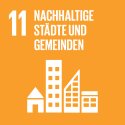 Gelbe Kachel mit Aufschrift "10 Nachhaltige Städte und Gemeinden" und grafische Abbildung mehrerer weißer Häuser bzw. Hochhäuser. 