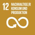 Orangene Kachel mit Aufschrift "12  Nachhaltige/r Konsum und Produktion" und grafische Abbildung eines weißen Undendlichkeitszweichens.