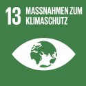 Grüne Kachel mit Aufschrift "13 Maßnahmen zum Klimaschutz" und grafische Abbildung eines weißen Auges, in dessen Mitte sich eine Weltkugel befindet.