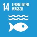 Blaue Kachel mit Aufschrift "14 Leben unter Wasser" und grafische Abbildung eines weißen Fisches mit zwei gezeichneten Wellen obendrüber.