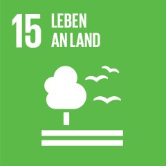 Grüne Kachel mit Aufschrift "15 Leben an Land" und grafische Abbildung eines weißen Baumes mit Vögeln.
