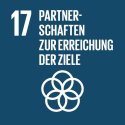 Blaue Kachel mit Aufschrift "17 Partnerschaften zur Erreichung der Ziele" und grafische Abbildung von fünf Kreisen, die sich überlappen und dadurch wie eine Blume aussehen.