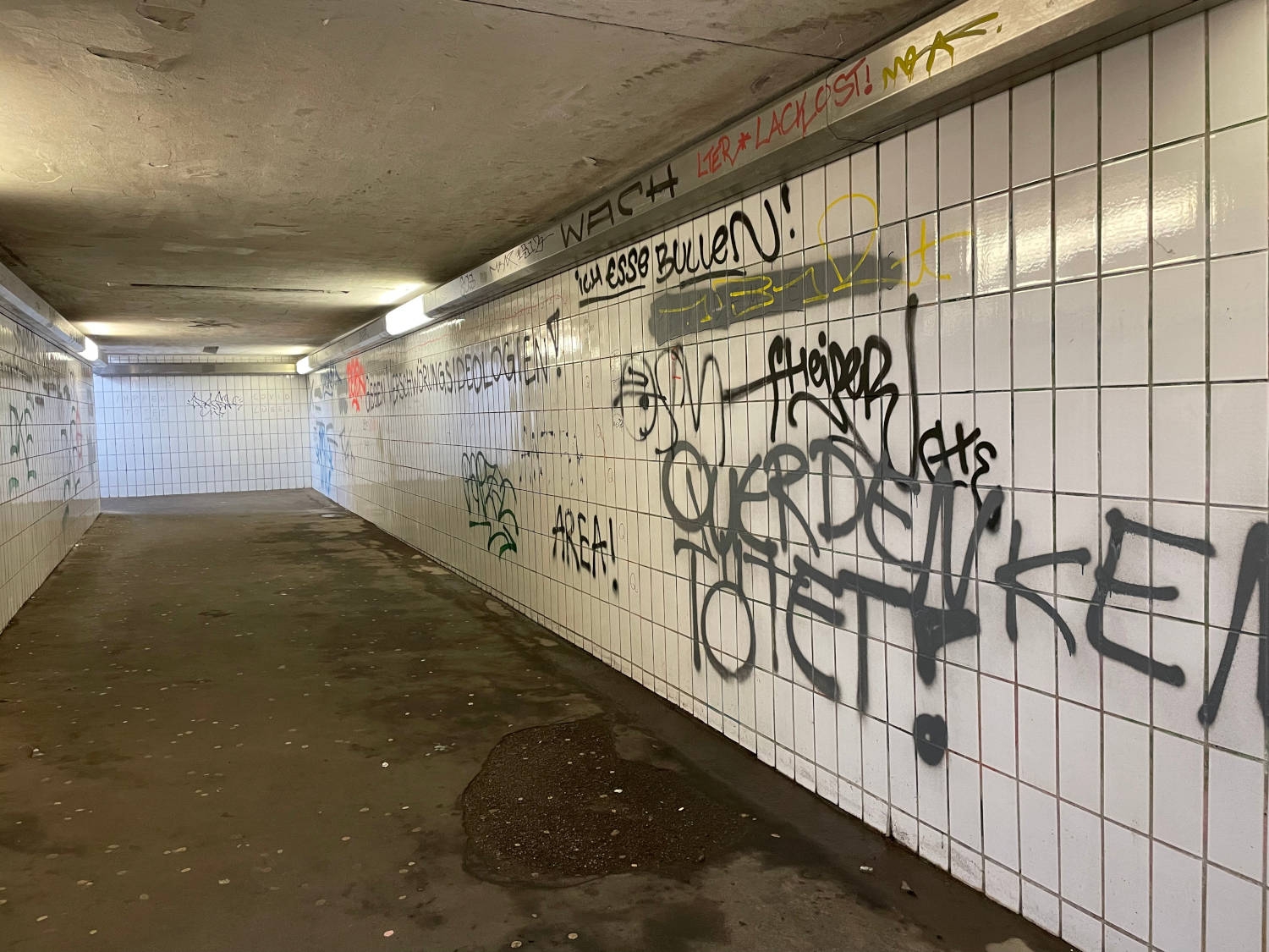 Die dreckige Unterführung des Bahnhofs in Eltville, beschmierte Wände sind zu sehen.