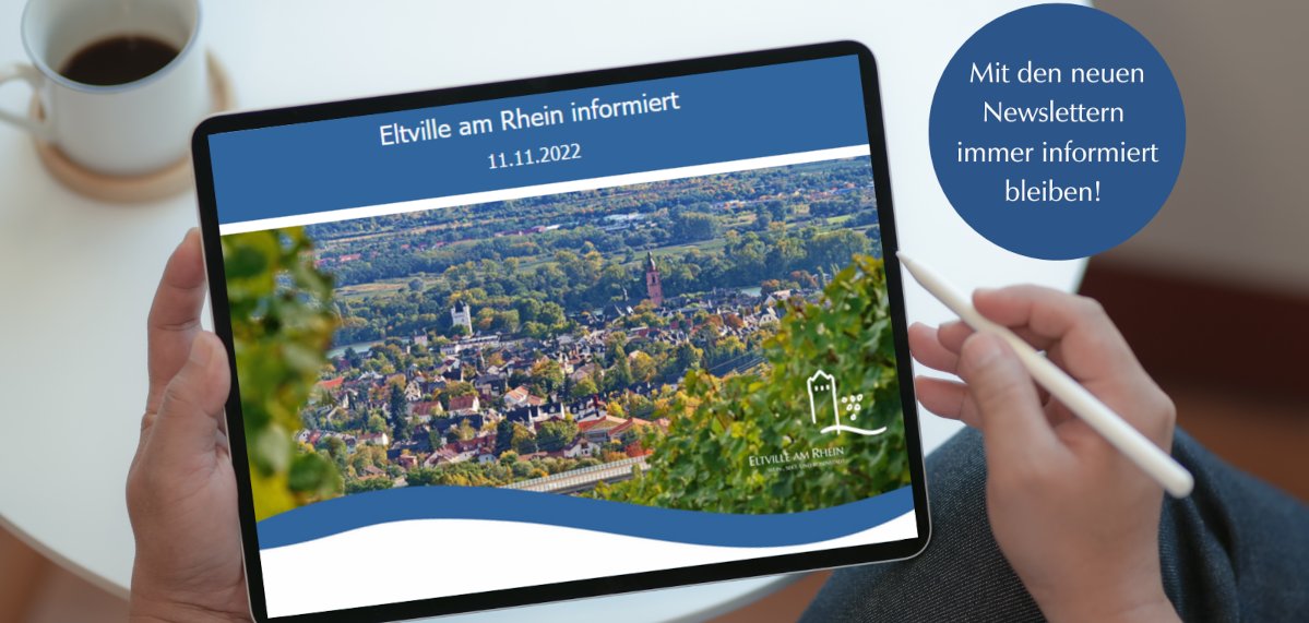 Symbolbild: Jemand hält ein Tablet in der Hand, auf dem der Eltviller Newsletter geöffnet ist.