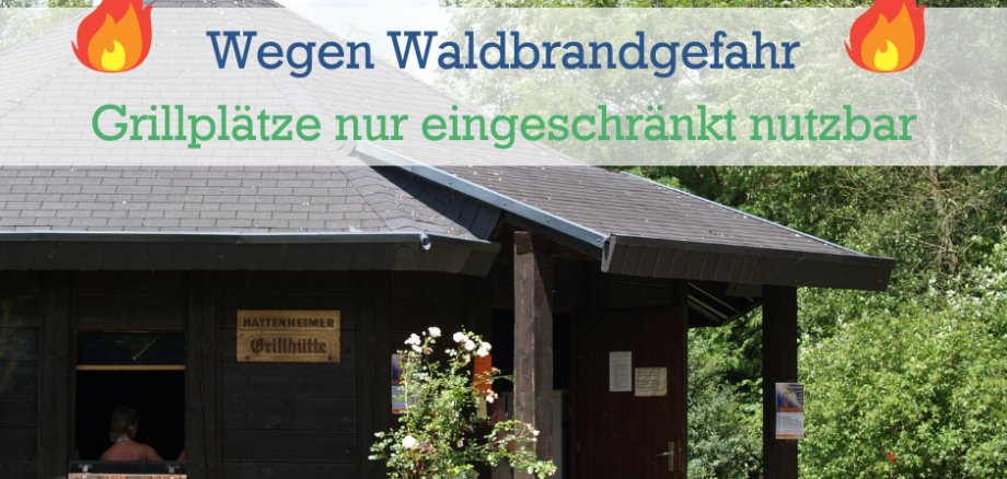 Bild von einer Grillhütte mit Hinweisbanner "Waldbrandgefahr" und Feuer-Ikons.