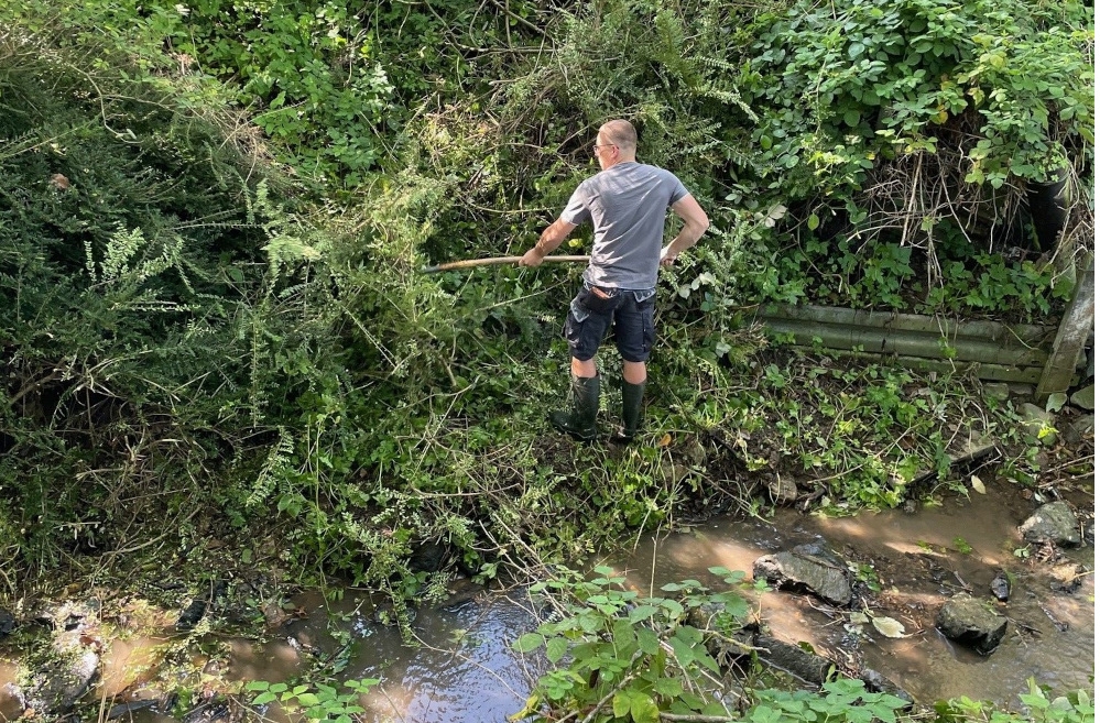 Ein Mitarbeiter der Stadtwerke steht im Leimersbach und befreit diesen von Gestrüpp