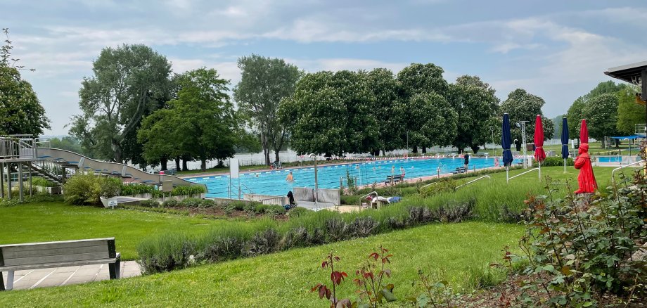 Blick auf das Schwimmbecken des Eltviller Rosenbads