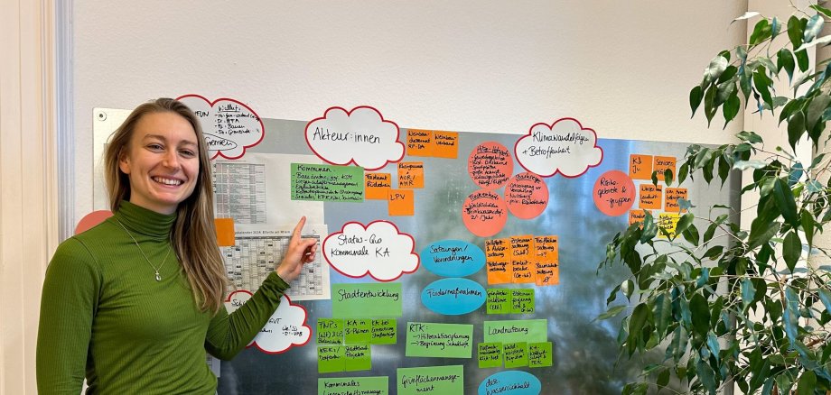 Hannah Fröb zeigt auf bunte beschriftete Zettel an einer Pinnwand