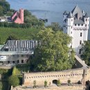 Ein Blick von oben auf die Kurfürstliche Burg, mit Turm und Mauer. Gebäude mit offenem Dach; großer Baum im Burghof. Daneben der Fluss Rhein und Weinberge