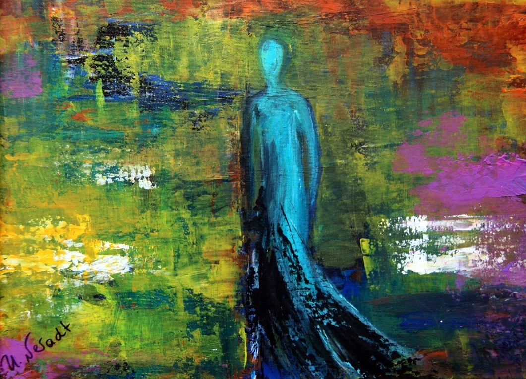 Glücksfee in Acryl von Ulrike Neradt Gemälde mit einer blauen weiblichen Figur vor farbigem Hintergrund