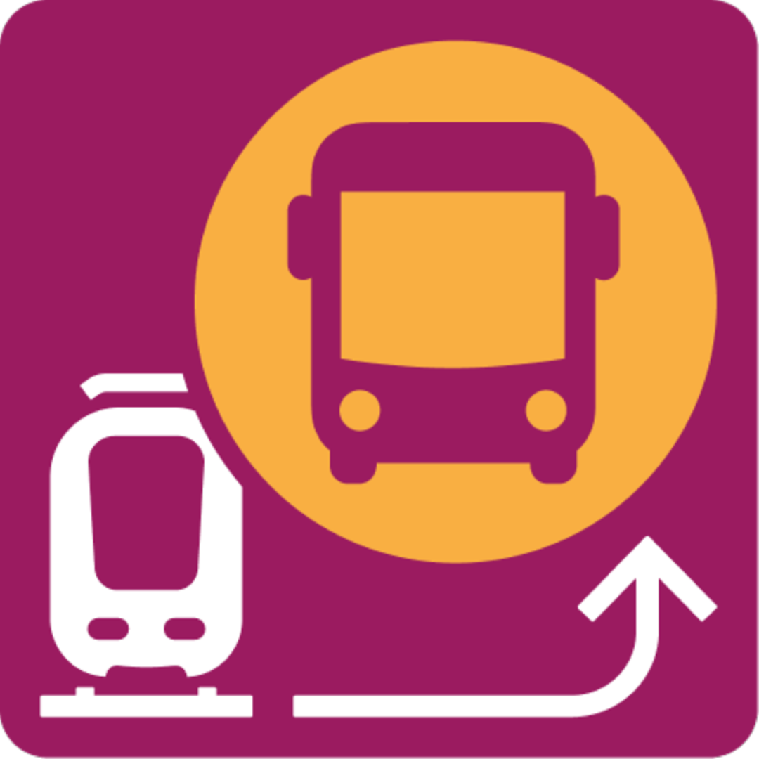 Symbol für Schienenersatzverkehr - lila Hintergrund mit einem Bus in einem gelben Kreis