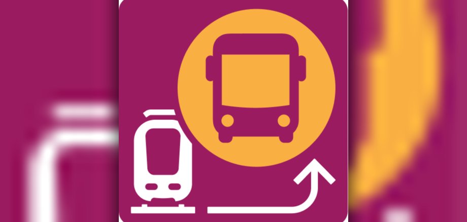 Symbol für Schienenersatzverkehr - lila Hintergrund mit einem Bus in einem gelben Kreis