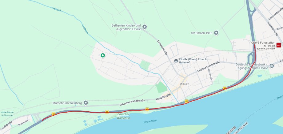 Gesperrter Bereich der B 42 zwischen Eltville-West und Hattenheim Landkarte mit dem markierten Bereich der B42 zwischen Eltville-West und Hattenheim, der gesperrt ist.