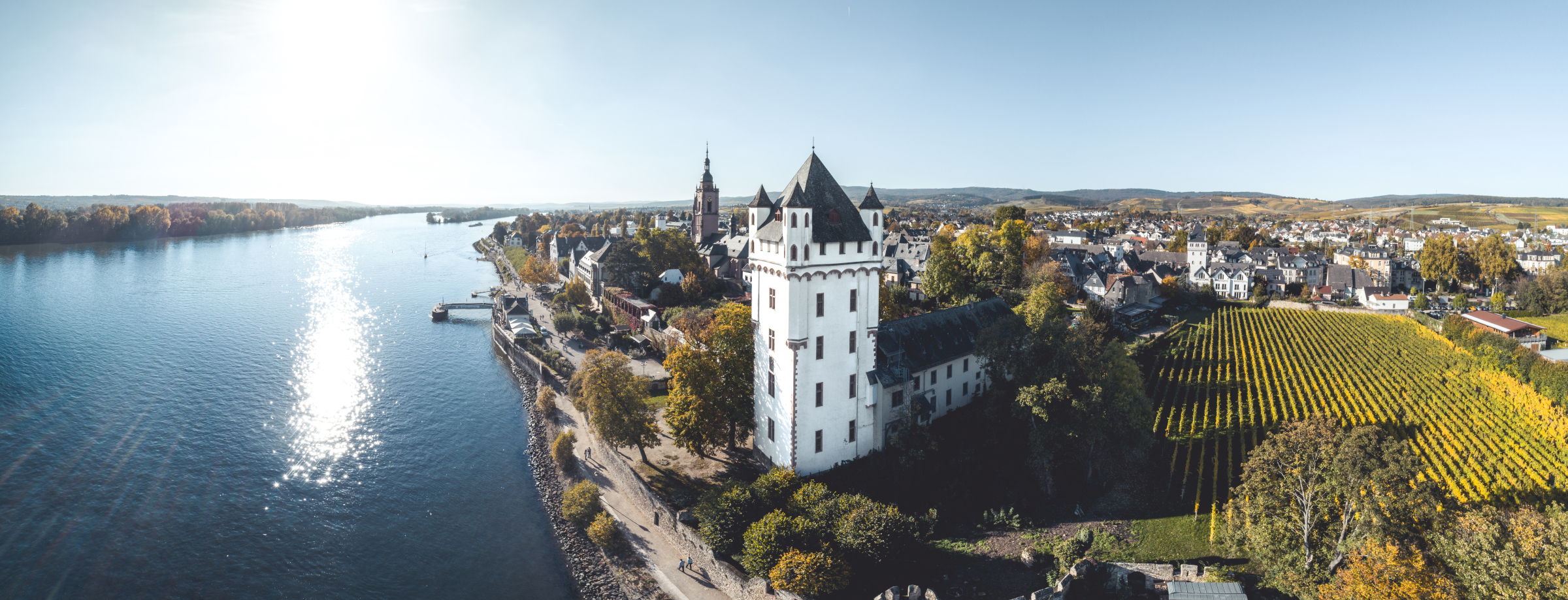 Drohnenaufnahme: Blick auf die Kurfürstliche Burg am Rheinufer.