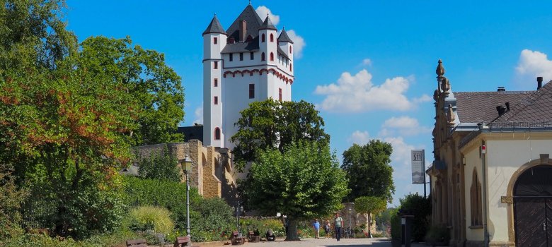 Blick auf die Burg, entlang des Leinfpades stehen Bänke zum Verweilen.