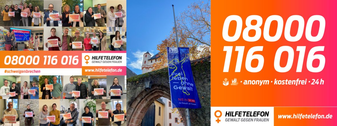 Dreifach aufgeteiltes Foto: Links sieht man eine Collage mit Mitarbeiterfotos, in der Mitte ein Foto der Kurfürstlichen Burg mit Flagge zum Tag gegen Gewalt an Frauen und rechts ein Foto mit der Rufnummer des Hilfetelefons