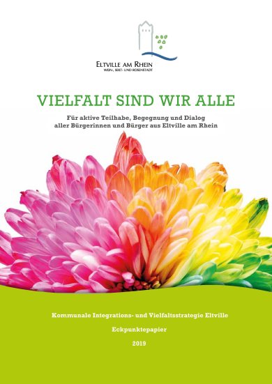 Cover des Eckpunktpapiers: Oben steht das Logo der Stadt Eltville, darunter steht ein der Name des Papiers und darunter ist eine große bunte Blume zu sehen.
