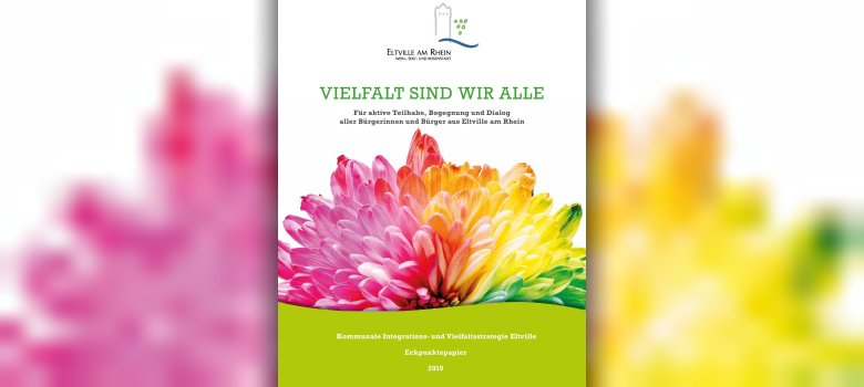 Cover des Eckpunktpapiers: Oben steht das Logo der Stadt Eltville, darunter steht ein der Name des Papiers und darunter ist eine große bunte Blume zu sehen.