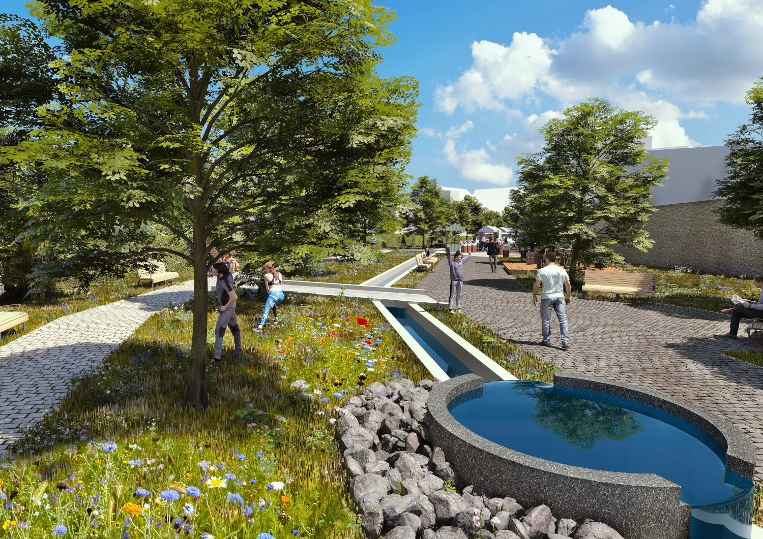 Animation Neugestaltung Kiliansring: Der Kiliansring als grüne Oase mit Bäumen, Sitzmöglichkeiten, einem Wasserlauf und Menschen, die sich dort bewegen oder Sport treiben können. Blickrichtung zur Apotheke. Animation zur Umgestaltung des Kiliansringes - der Kiliansring als grüne Oase mit Bäumen, Sitzmöglichkeiten, einem Wasserlauf und Menschen, die sich dort bewegen oder Sport treiben.