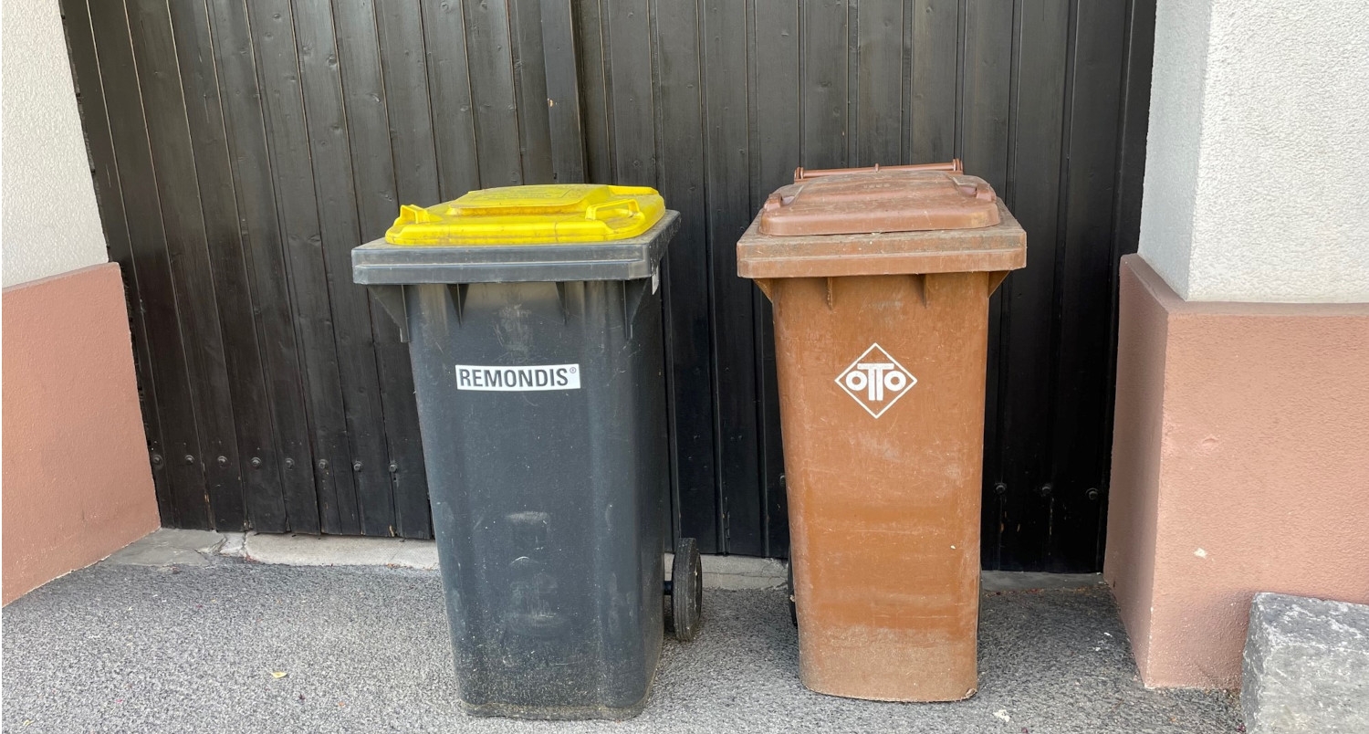 Plastikmülltonne und Biomülltonne stehen auf dem Bürgersteig.