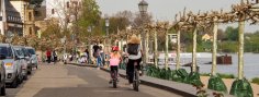 Eine Frau und ein Kind auf Fahrrädern fahren am Rheinufer in Richtung Burgturm.