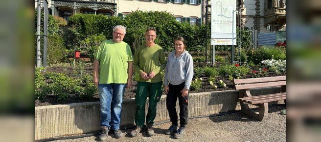 Die drei Gärtner stehen vor dem neu angelegten Beet mit neu gepflanzten Rosen