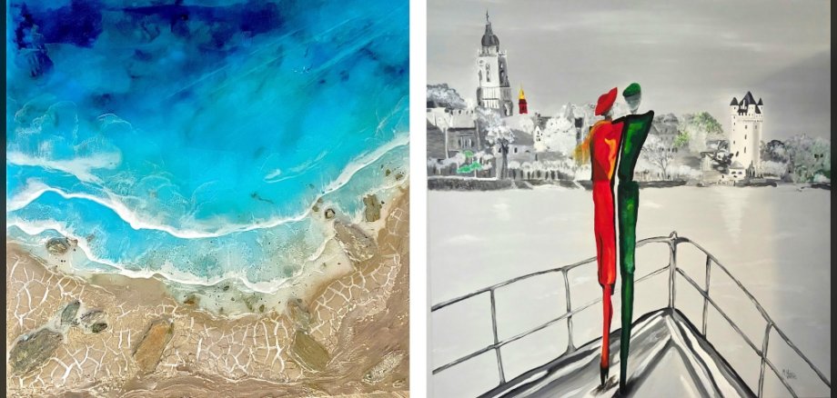 Collage von jeweils einem Kunstwerk der Künstlerinnen nebeneinander, links an blaues Ozean-Gemälde, rechts zwei Menschen auf einem Boot mit Blick auf Eltville