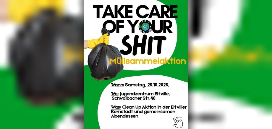 Plakat Müllsammelaktion: Neben Infos zur Veranstaltung sieht man eine Hand mit einem gelben Handschuh, die einen schwarzen Sack hält